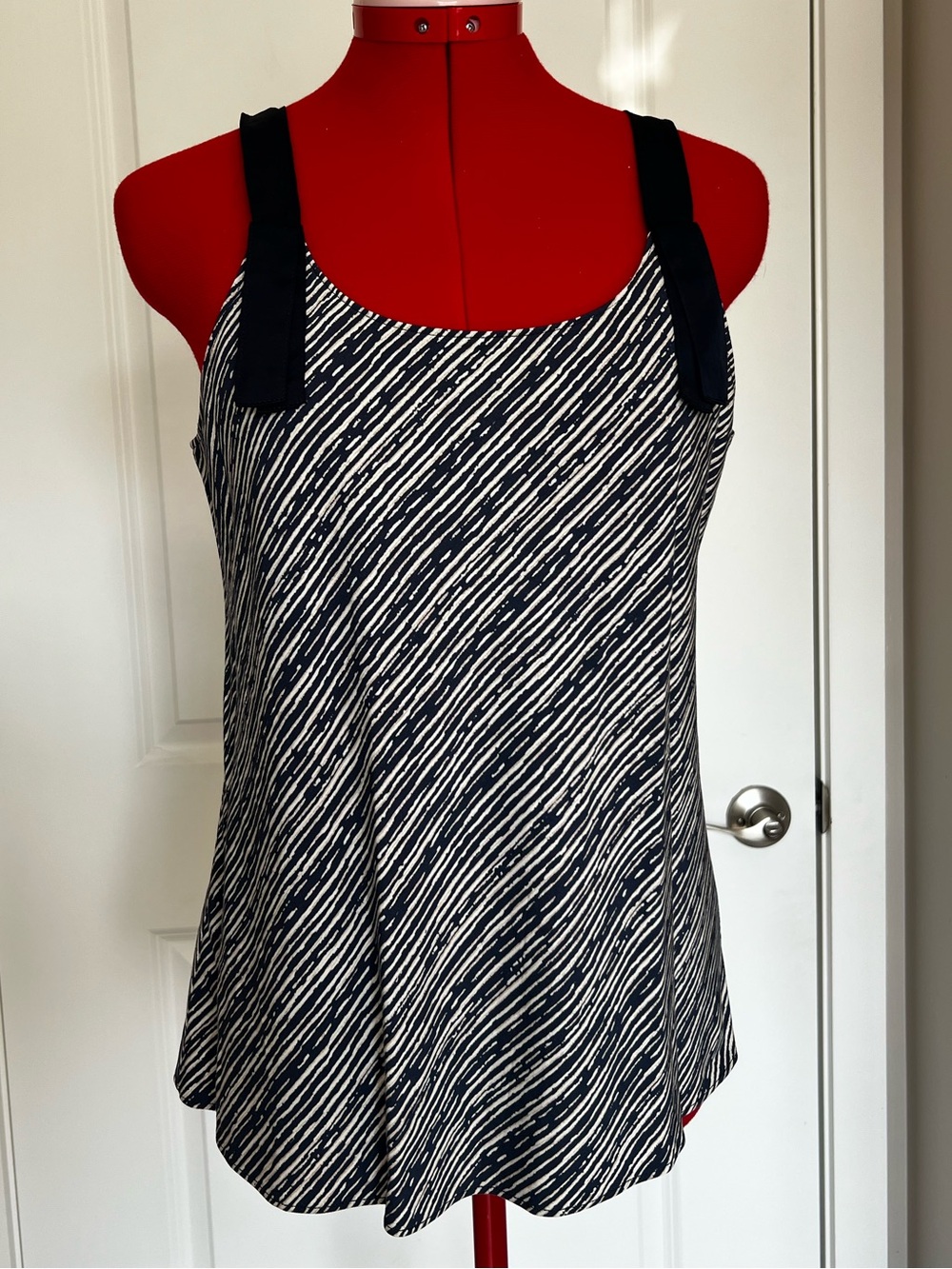 NIC+ZOE Navy & White Diagonal Stripe Tank with Black Straps
